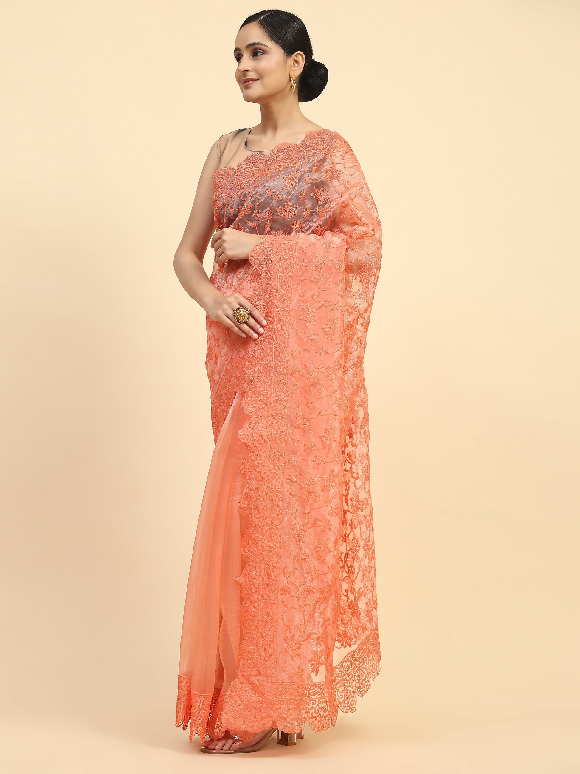 Vamsee Sujal Orange Organza Saree - Swadesiicart