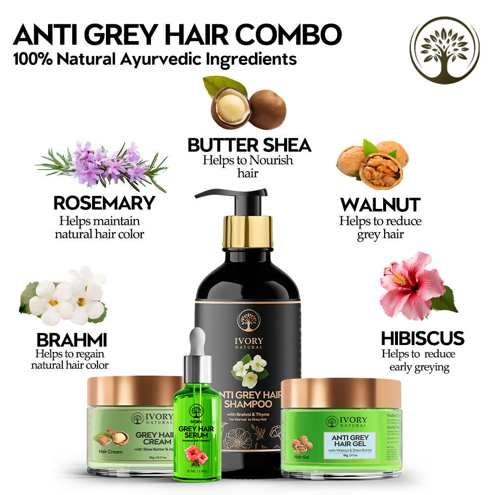 Ivory Natural Grey Hair Advanced Combo (Serum, Shampoo, Cream & Gel) For Both Men & Women | Swadesiicart