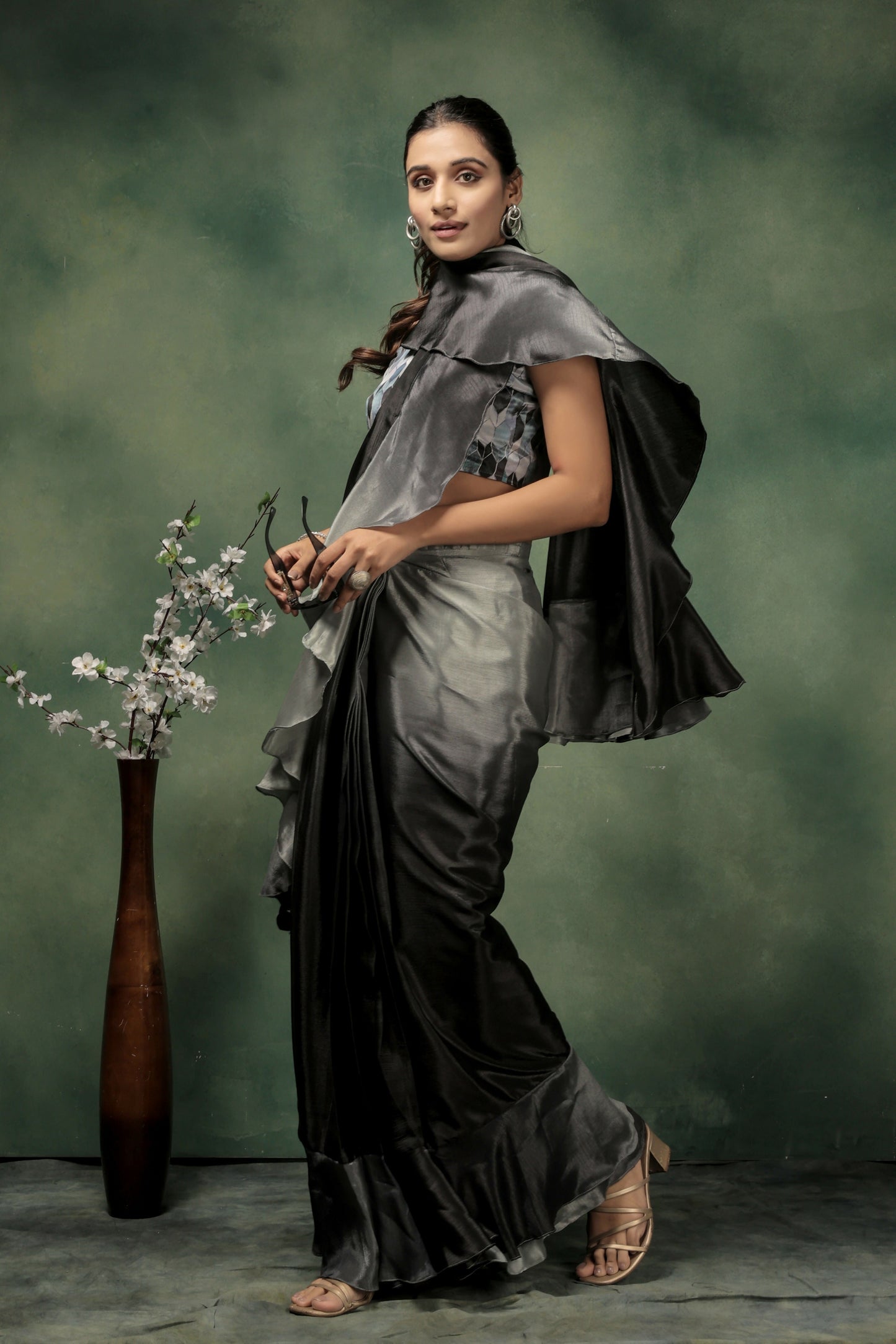 Grey Satin Solid Designer, Printed Party Wear Ready To Wear Saree - Nasreen | Swadesiicart