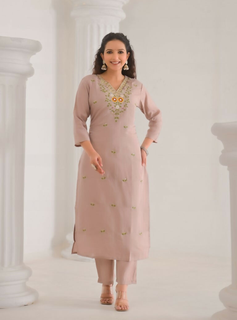 Ethnic Festive Wear Chanderi with Cotton Lining Beige Stitched Suit With Dupatta - Tanisha | Swadesiicart