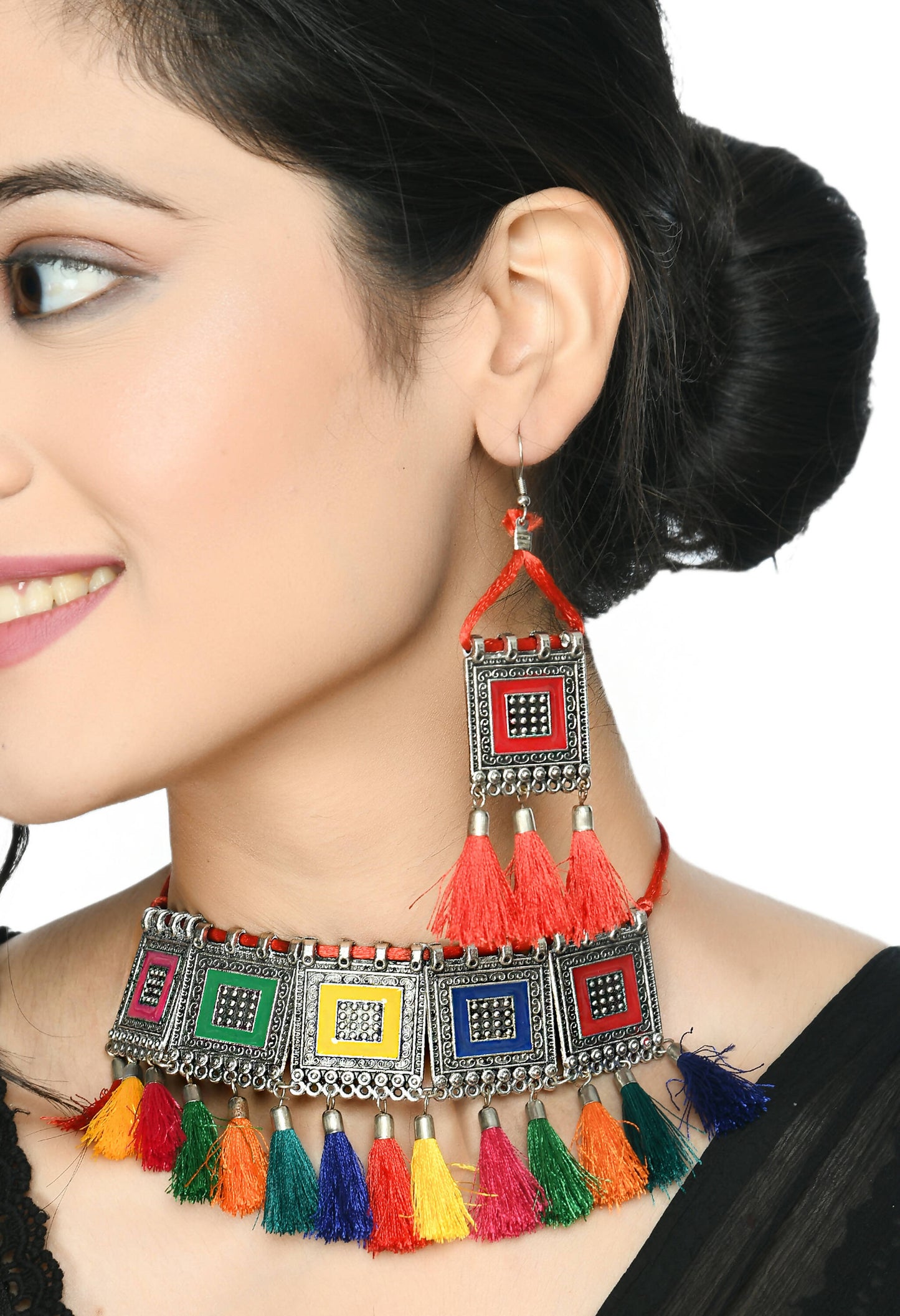 Mominos Fashion Johar Kamal Oxidised Silver-Plated Brass Finish Tassel Work Handicraft Choker For Women (Multi) | Swadesiicart