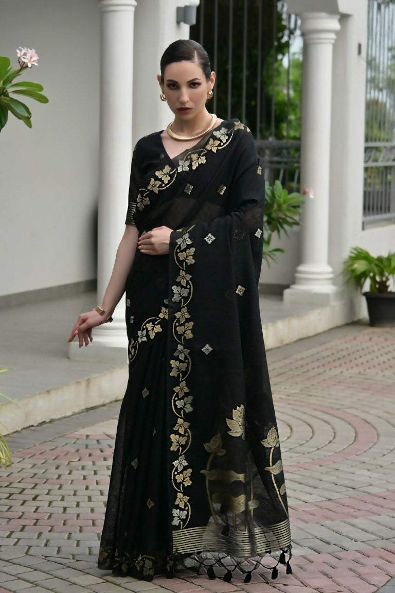 Vishnu Weaves Women's Black Linen Silk Zari Weaving Saree with Blouse - Swadesiicart