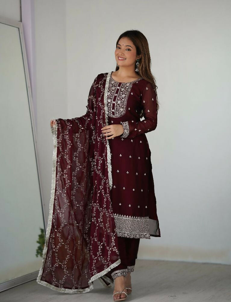 Joban Fashion Wine Kurta Set Silk Sequence Embroidery Work - Swadesiicart