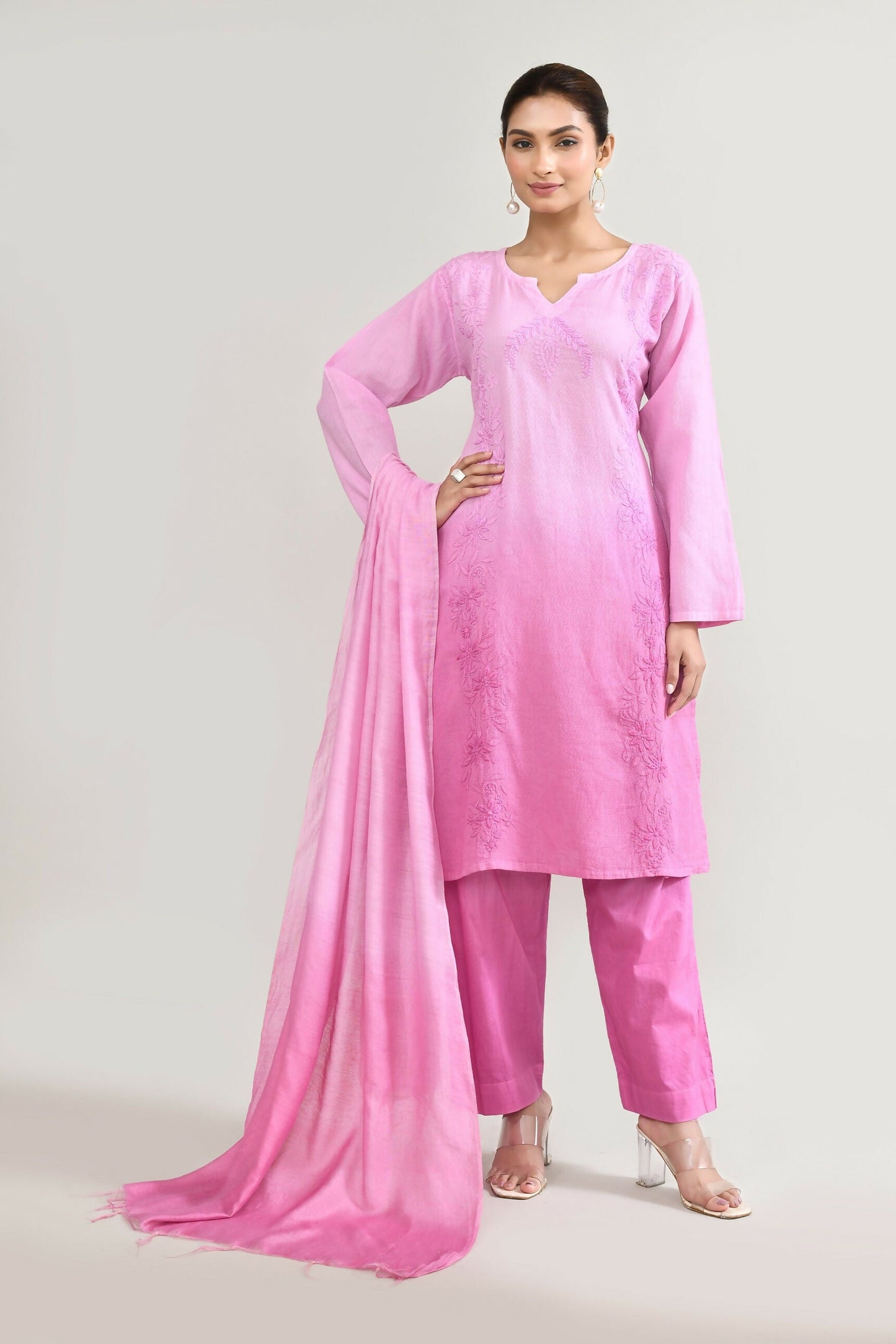 Joban Fashion Womens Cotton ChikanKari Light pink Kurta set - Swadesiicart