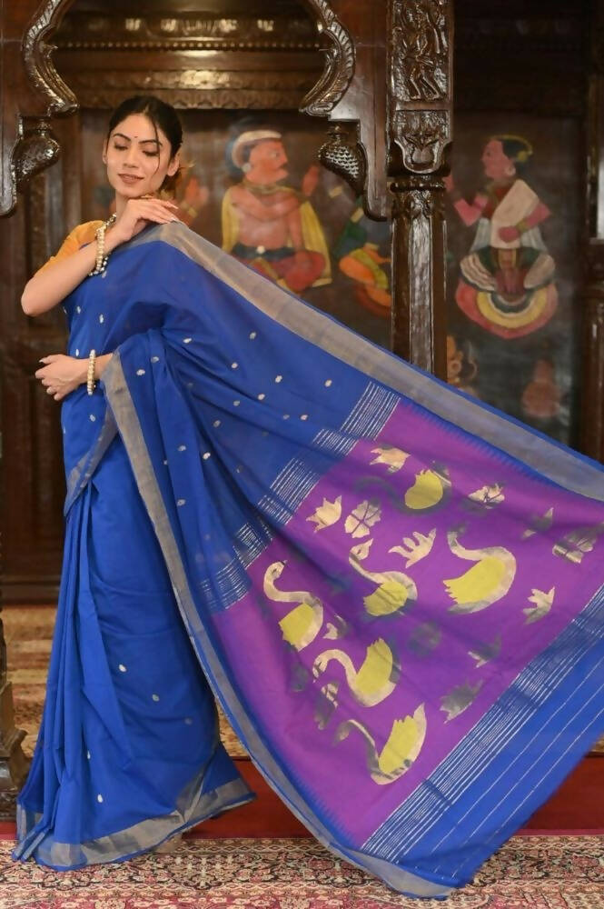 Very Much Indian Handloom Pure Cotton Paithani Swan Pallu-Marine Blue | Swadesiicart