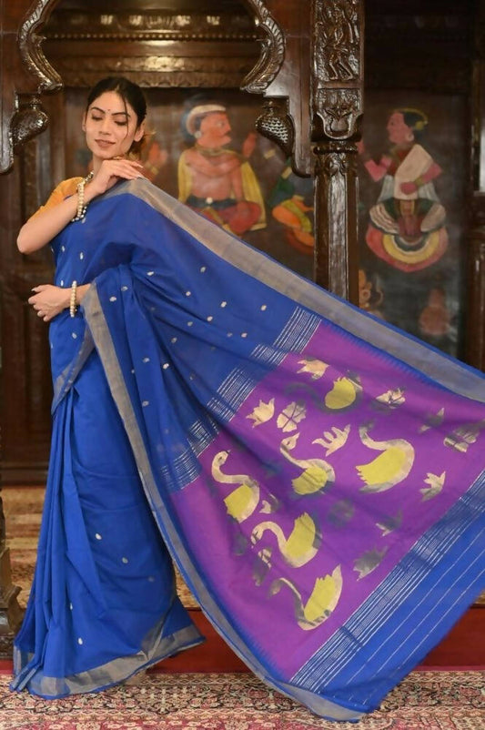 Very Much Indian Handloom Pure Cotton Paithani Swan Pallu-Marine Blue | Swadesiicart