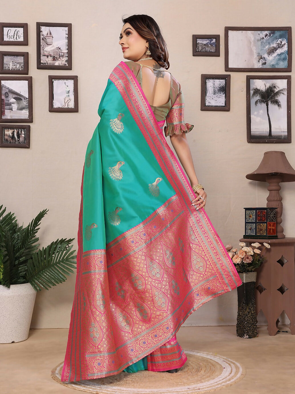 Joban Fashion Banarasi Turquoise Small Butti Soft Silk Saree | Swadesiicart