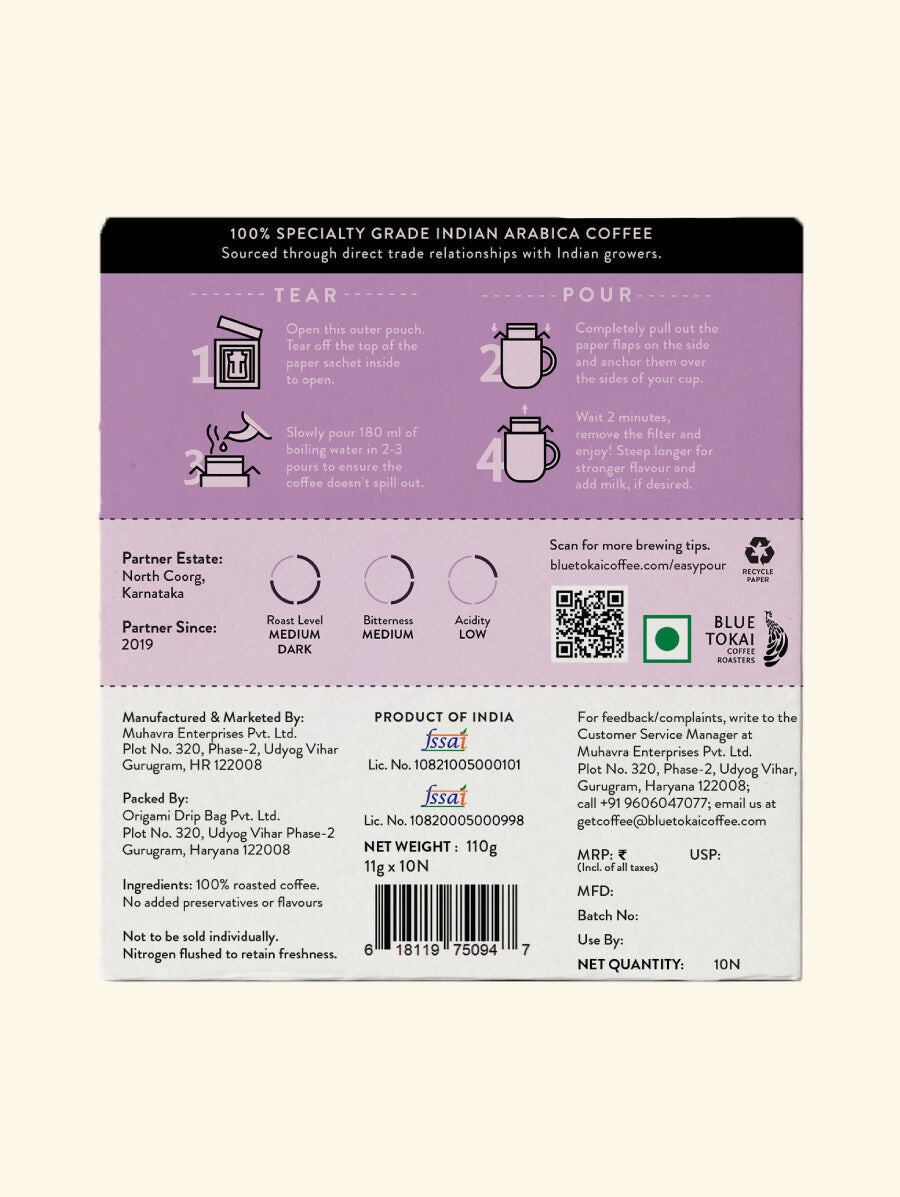 Blue Tokai Monsoon Malabar Medium-Dark Roast Easy Pour Sachets - Swadesiicart