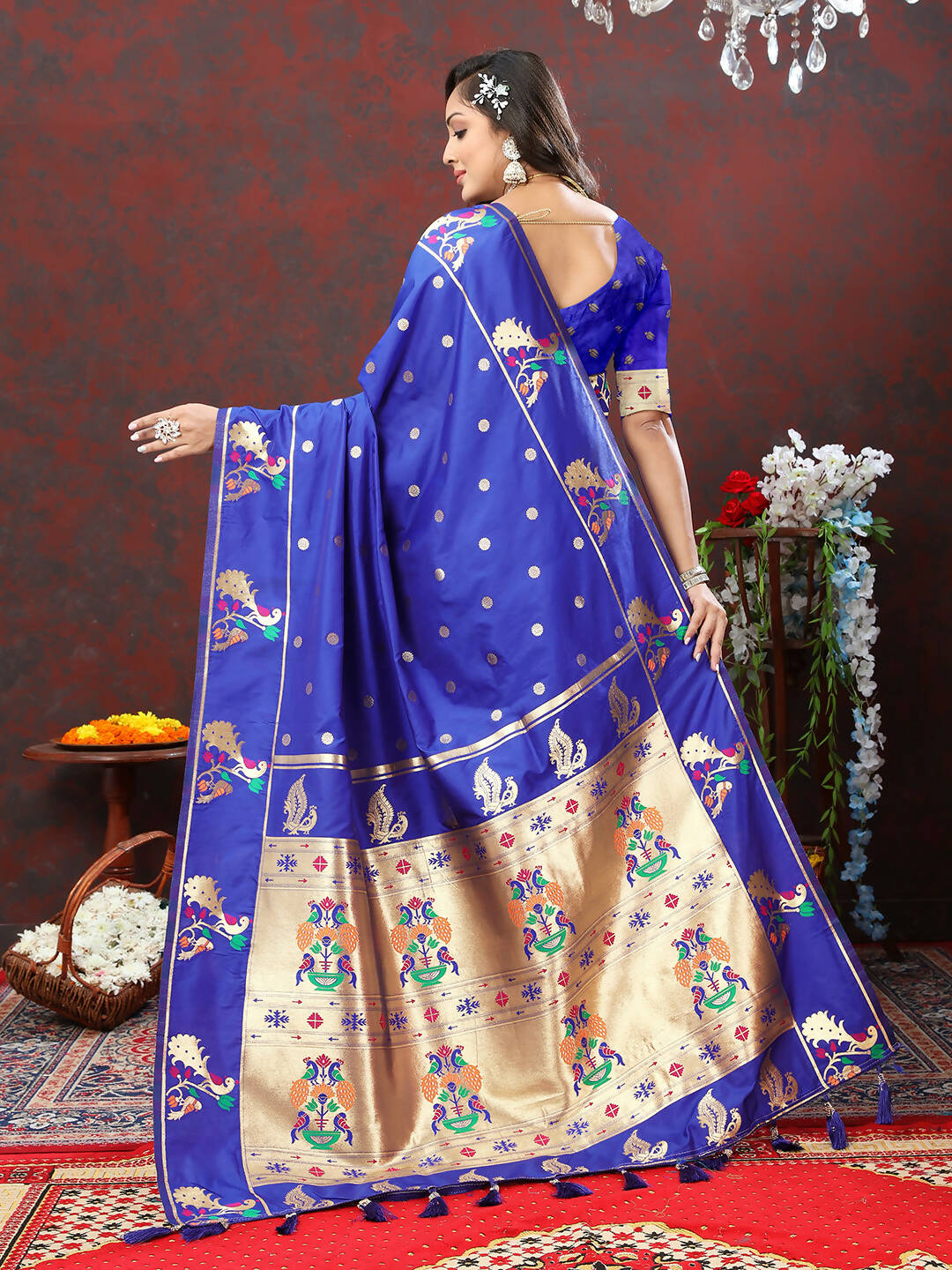 Lorenvalley Fashion Blue Soft Paithani Silk Woven Design Gold Zari Meenakari Weaving Saree - Swadesiicart