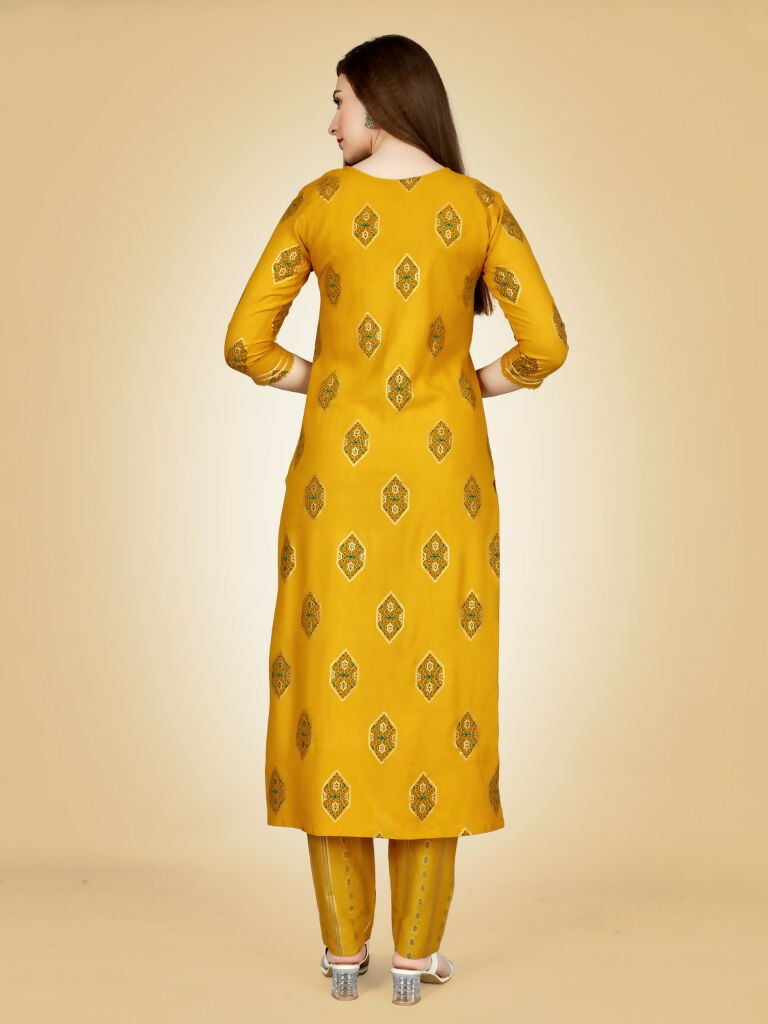 Jyoti Fashion Women's Yellow Viscose Rayon Embroidered Kurta Pant Set | Swadesiicart