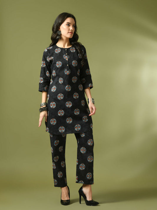 Myshka Women's Black Printed Cotton Round Neck Party Tunic With Trousers Co-ord set - Swadesiicart