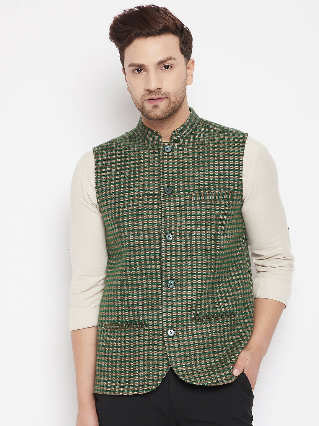 Even Apparels Green Wool Men Woven Nehru Jacket | Swadesiicart