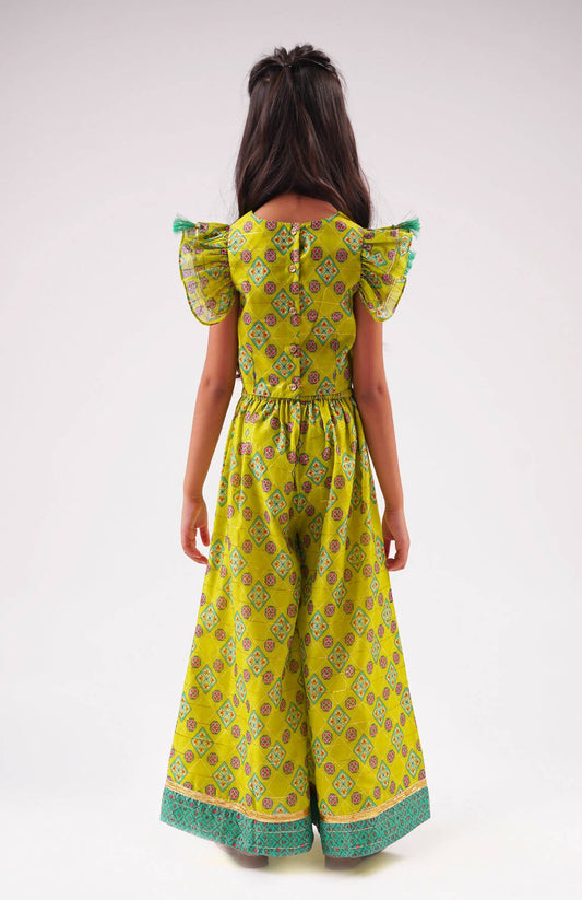 Lil Drama Raangoli Crop Top With Palazzo Co-Ordinate Set - Green - Swadesiicart