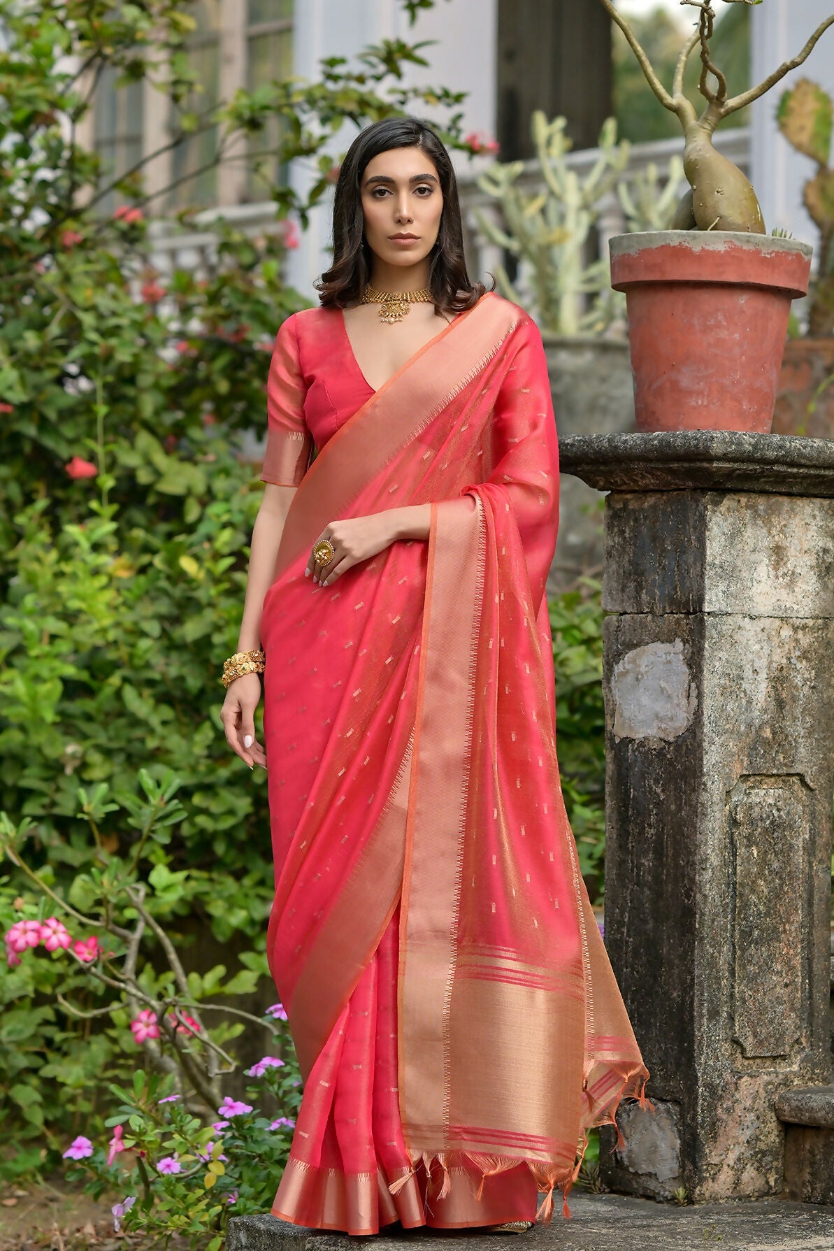 Vishnu Weaves Women's Gajri Soft Tissue Silk Zari Woven Saree with Blouse - Swadesiicart