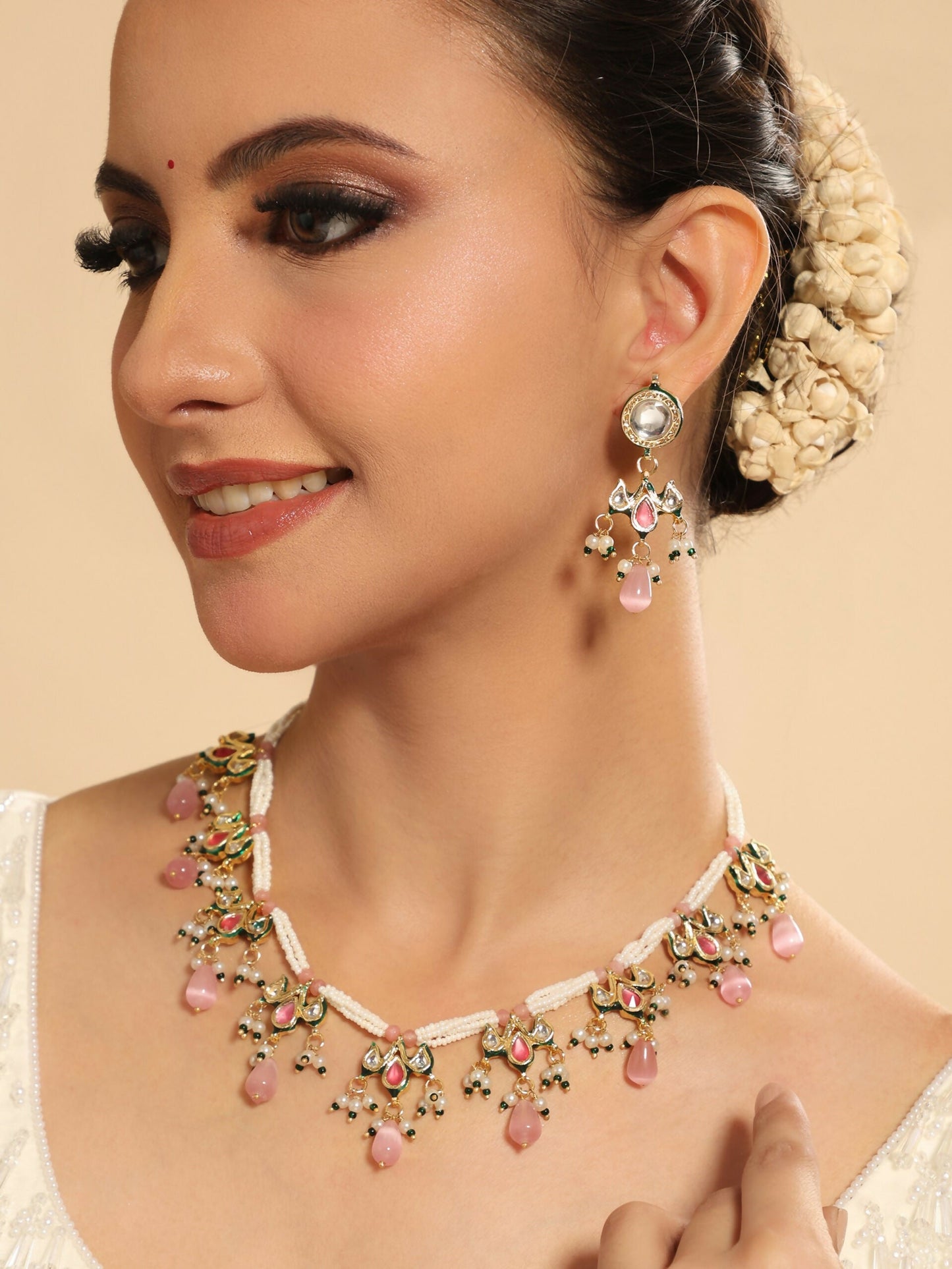 Nuyug 22K Gold Plated Pearl Empress Flora Pink Stone Drops Necklace Set | Swadesiicart
