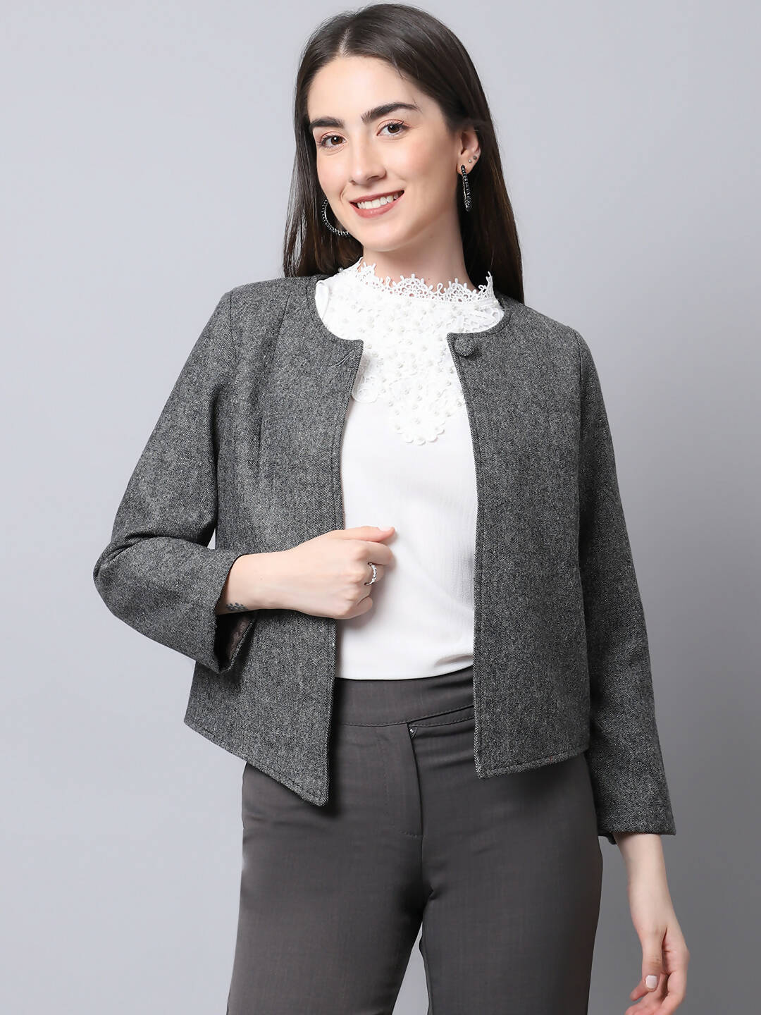 Even Apparels Black Pure Wool Open Front Statement Women's Jacket | Swadesiicart