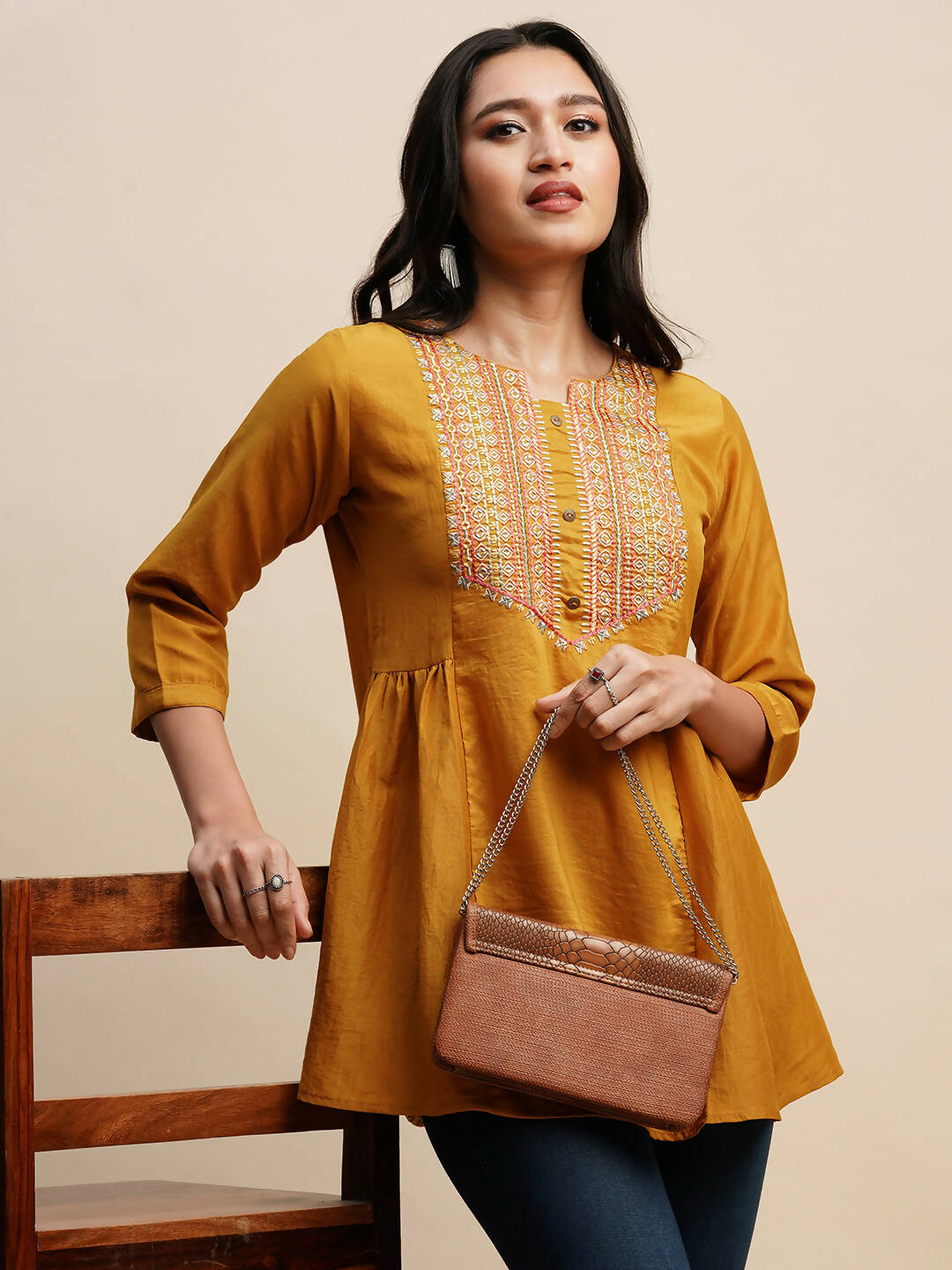 Mustard Chinon Embroidered Top - Tarini - Swadesiicart