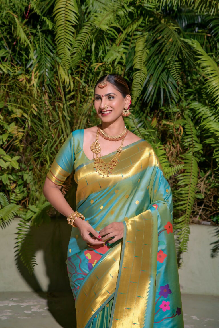 Jyoti Fashion Women's Firozi Paithani Silk Zari Woven Saree with Blouse | Swadesiicart
