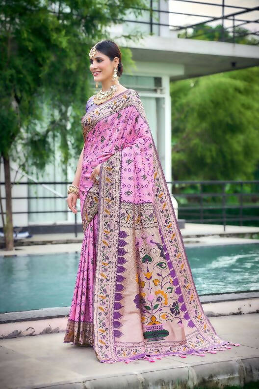 Vishnu Weaves Women's Baby Pink Paithani Patola Silk Zari Woven Saree with Unstitched Blouse - Swadesiicart
