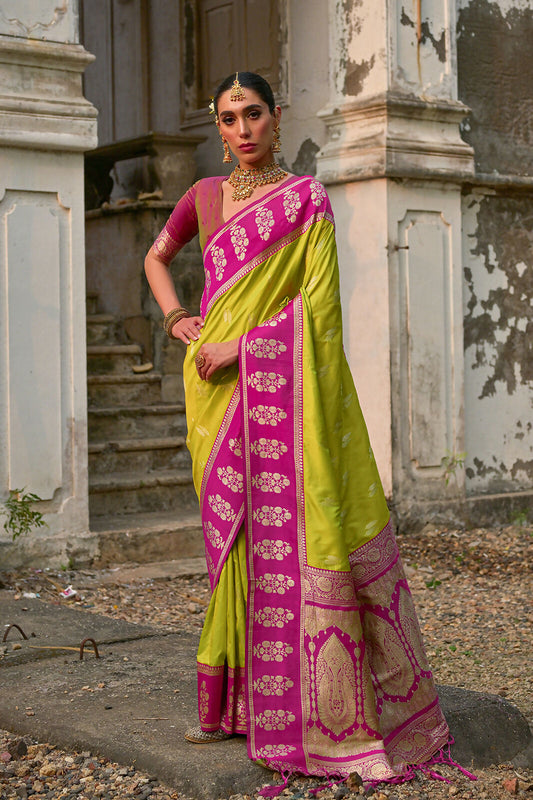 Vishnu Weaves Women's Pista Kanchi Silk Woven Saree with Blouse - Swadesiicart