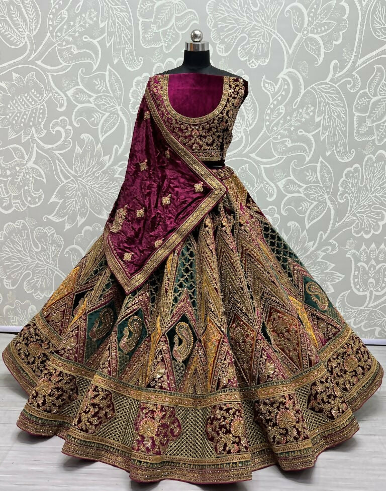 Jyoti Fashion Women's Multicolor Velvet Fancy Patch, Multi Thread Embroidered, Zircon Diamond, Sequins Work Wedding Lehenga Choli | Swadesiicart