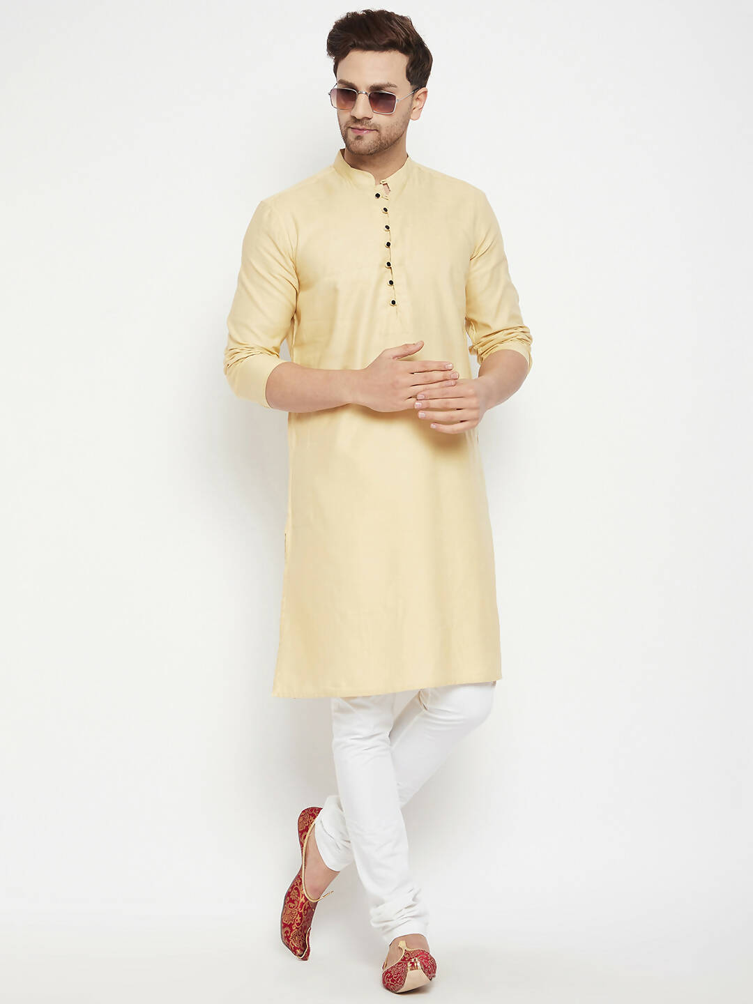 Even Apparels Beige Pure Cotton Long Men's Kurta With Band Collar | Swadesiicart
