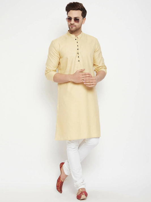 Even Apparels Beige Pure Cotton Long Men's Kurta With Band Collar | Swadesiicart