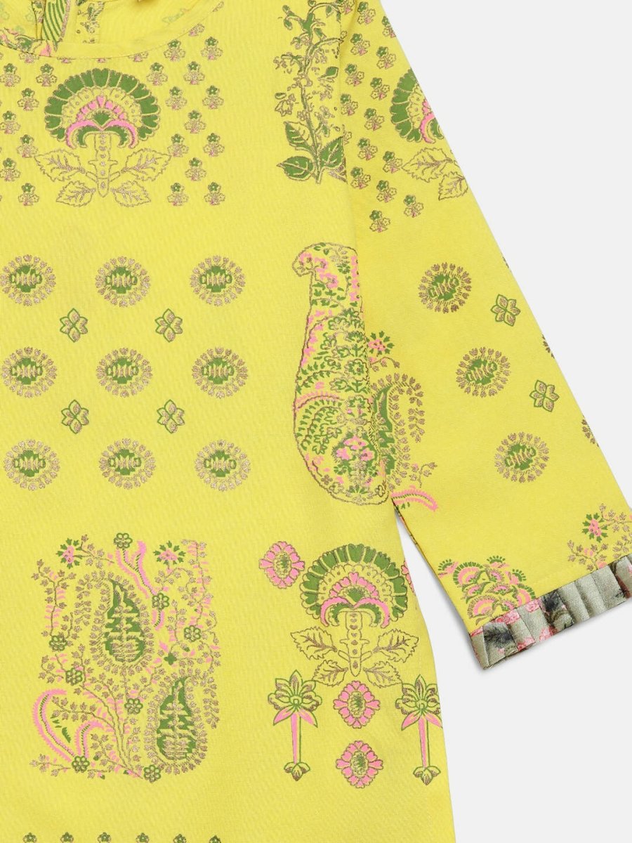 Ahalyaa Yellow Viscose Rayon Straight Kids Kurta Pants With Dupatta For Girls | Swadesiicart