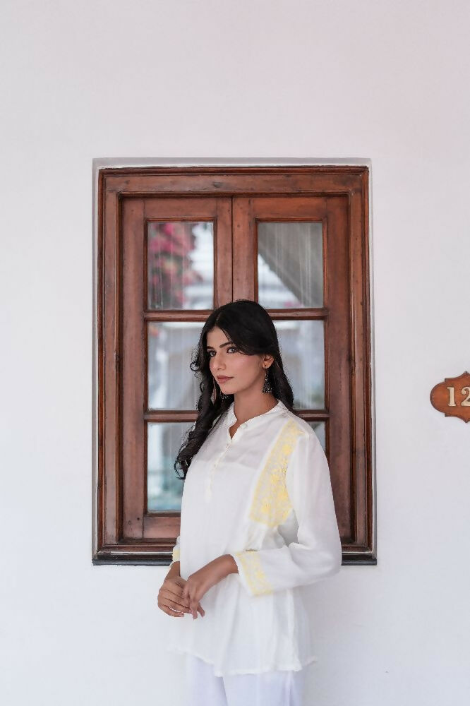 Zibaa Ivory & Yellow Muslin Short Chikankari Kurti - Swadesiicart
