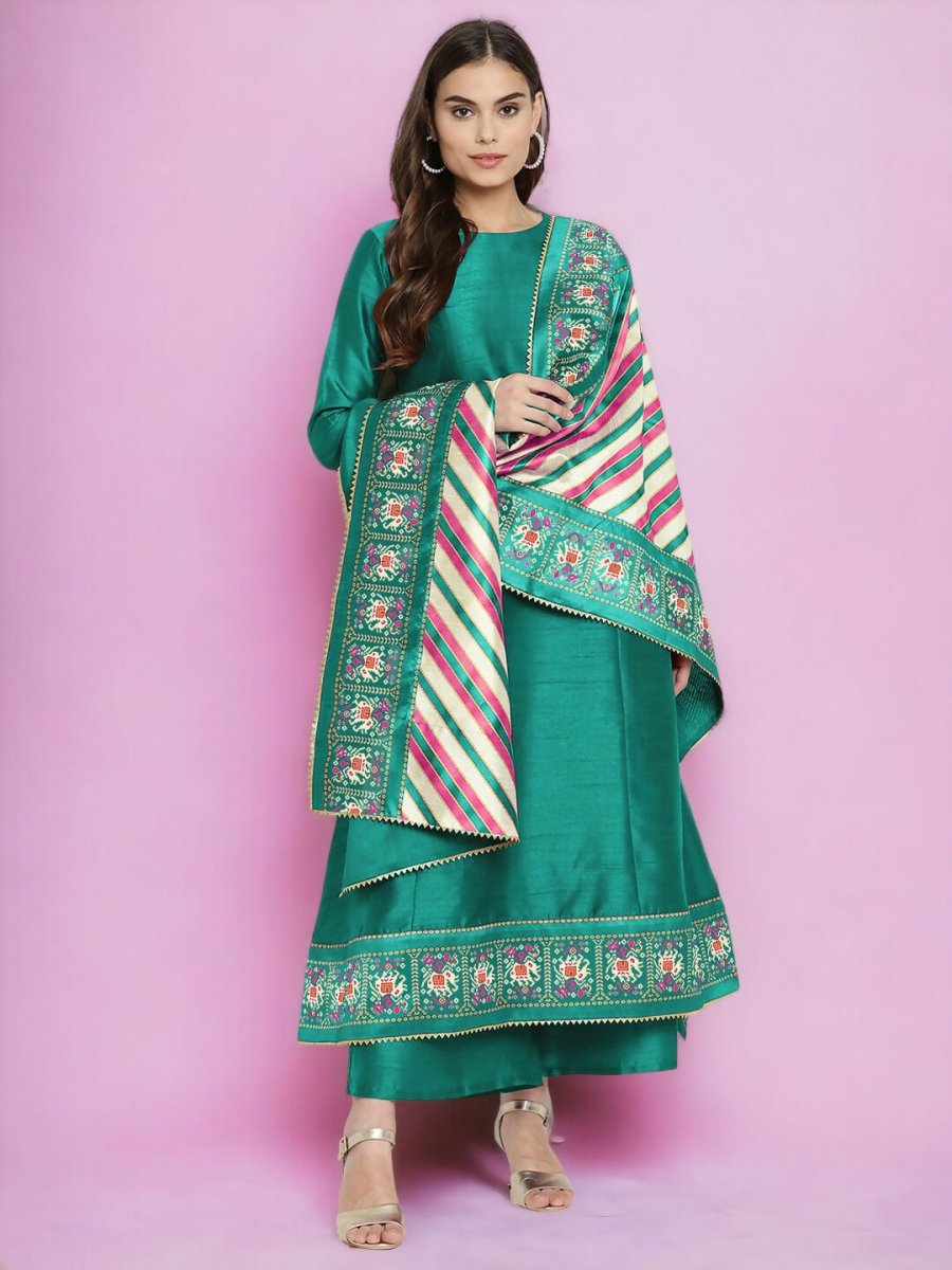 Ahalyaa Women Sea Green Printed Gotta Patti Kurti with Palazzos & Dupatta - Sea Green | Swadesiicart