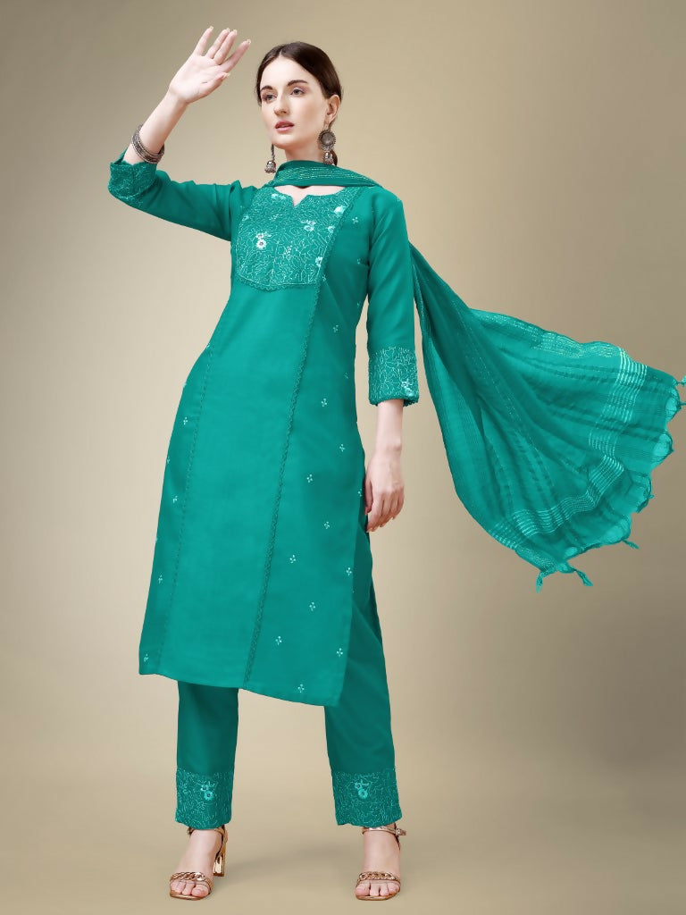 Jyoti Fashion Women's Rama Cotton Blend Embroidery & Fancy Lace work Kurta with Trouser & Dupatta | Swadesiicart
