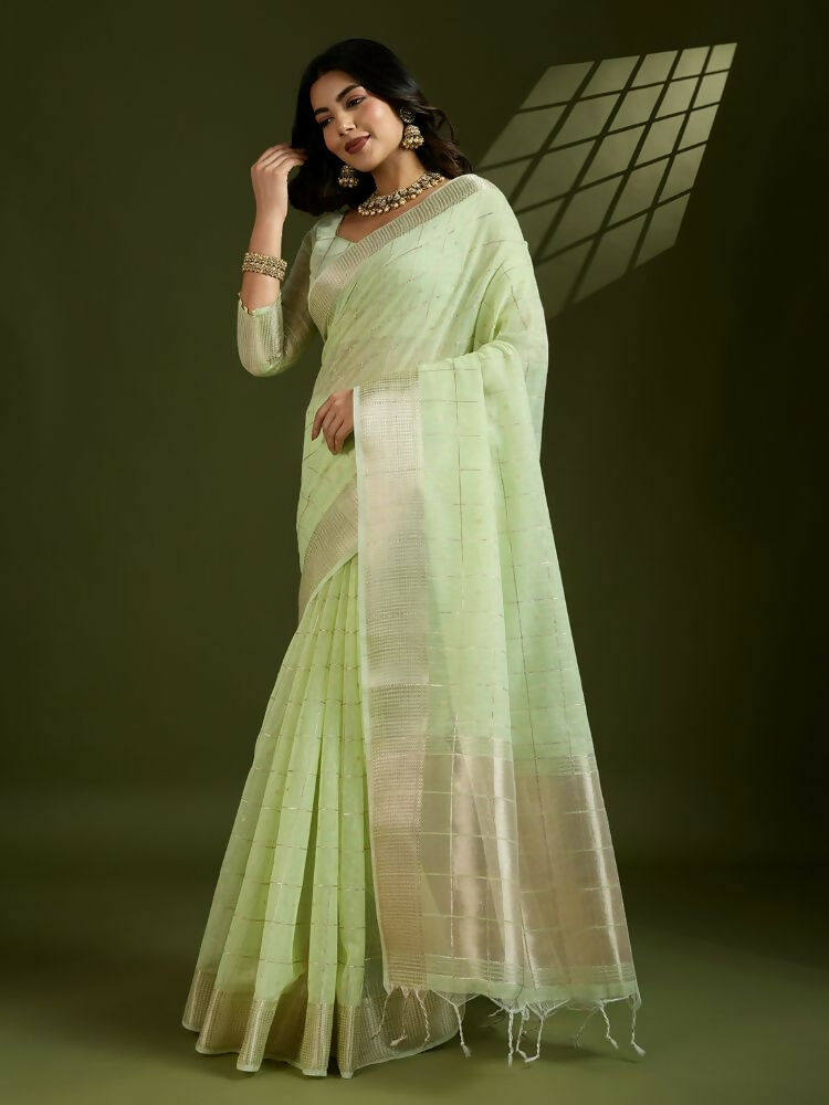 Vishnu Weaves Women's Pista Soft Silk Zari Woven Saree with Blouse - Swadesiicart