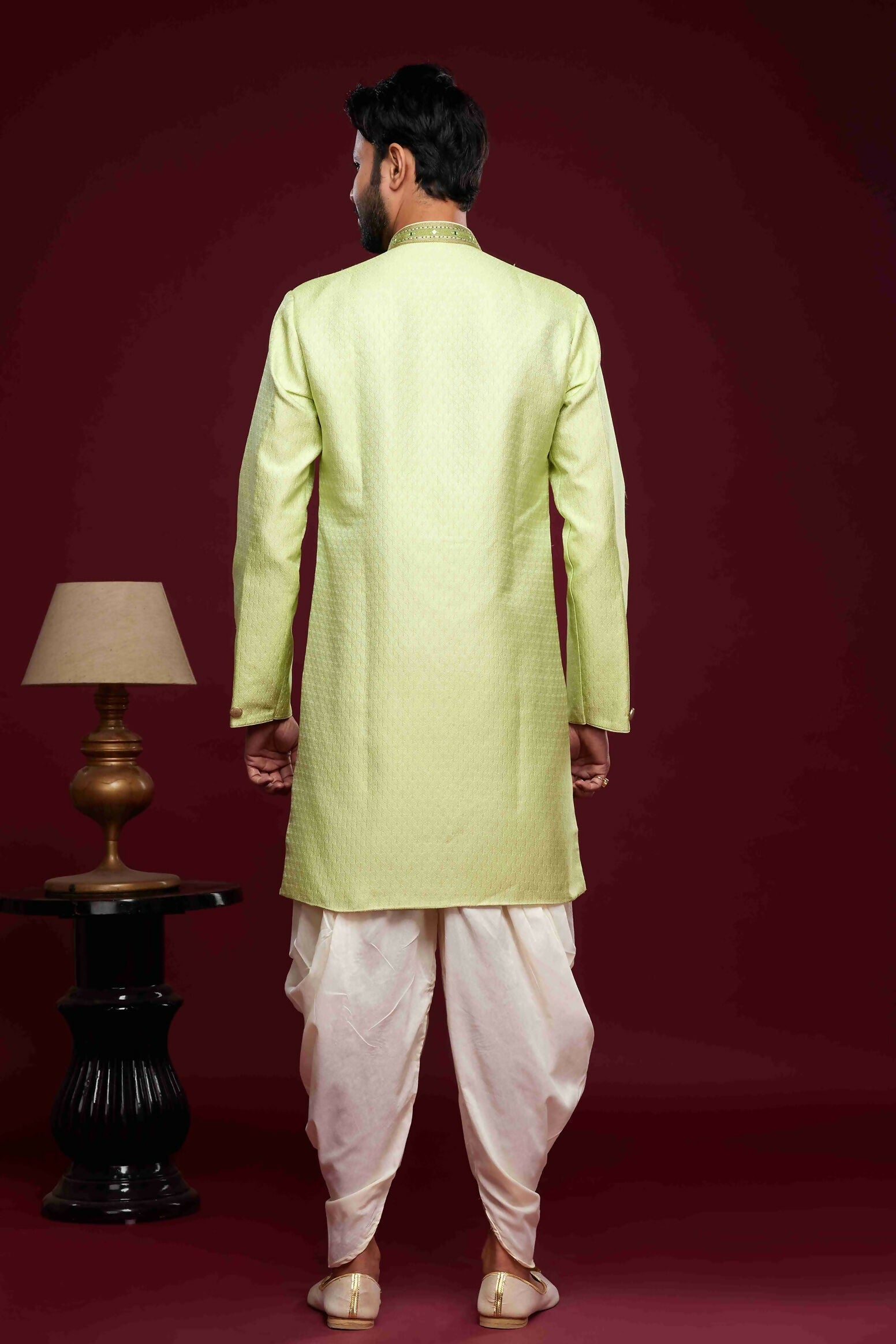Raivat Ethnic Banarasi Jacquard Embroidery Semi Indo Western Sherwani In Pista Green Colour | Swadesiicart