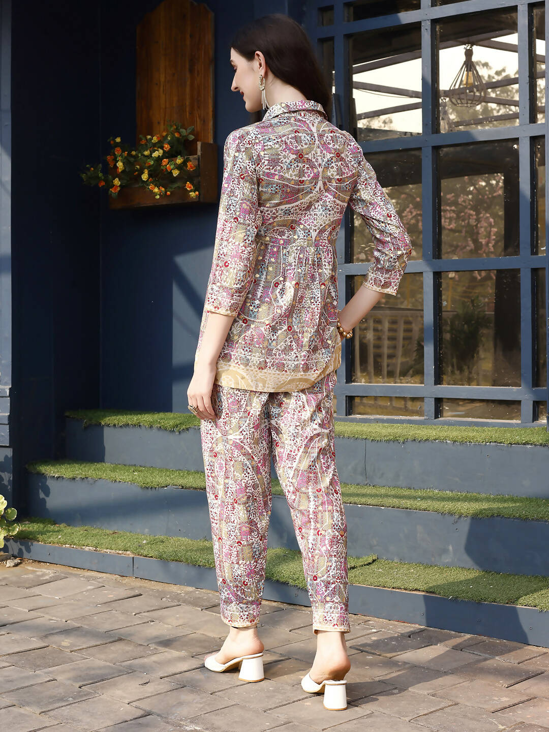 Pink & Beige Rayon Floral Printed Top with Matching Bottom - Eesha - Swadesiicart
