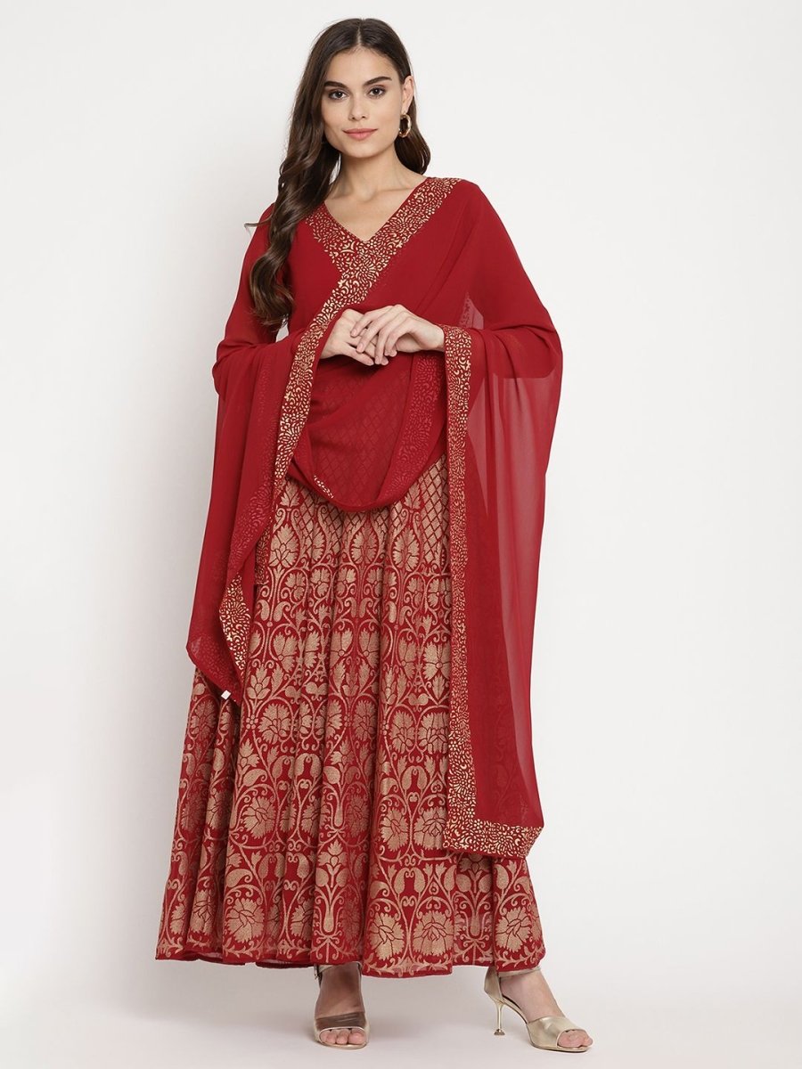 Ahalyaa Women's Maroon Georgette Gold Foil Print Flared Kurta With Dupatta | Swadesiicart