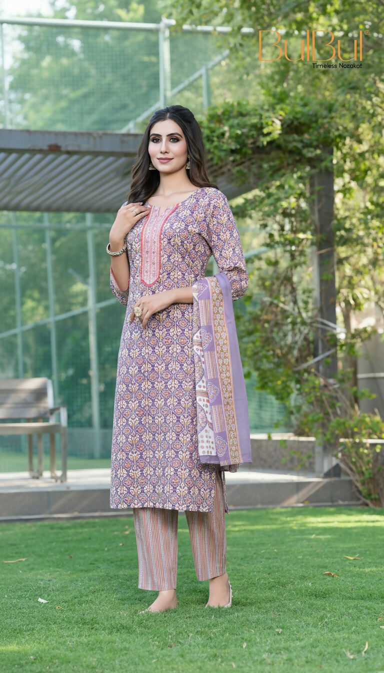 BulBul Fashionista Cotton Purple Kurta Set with Dupatta - Swadesiicart