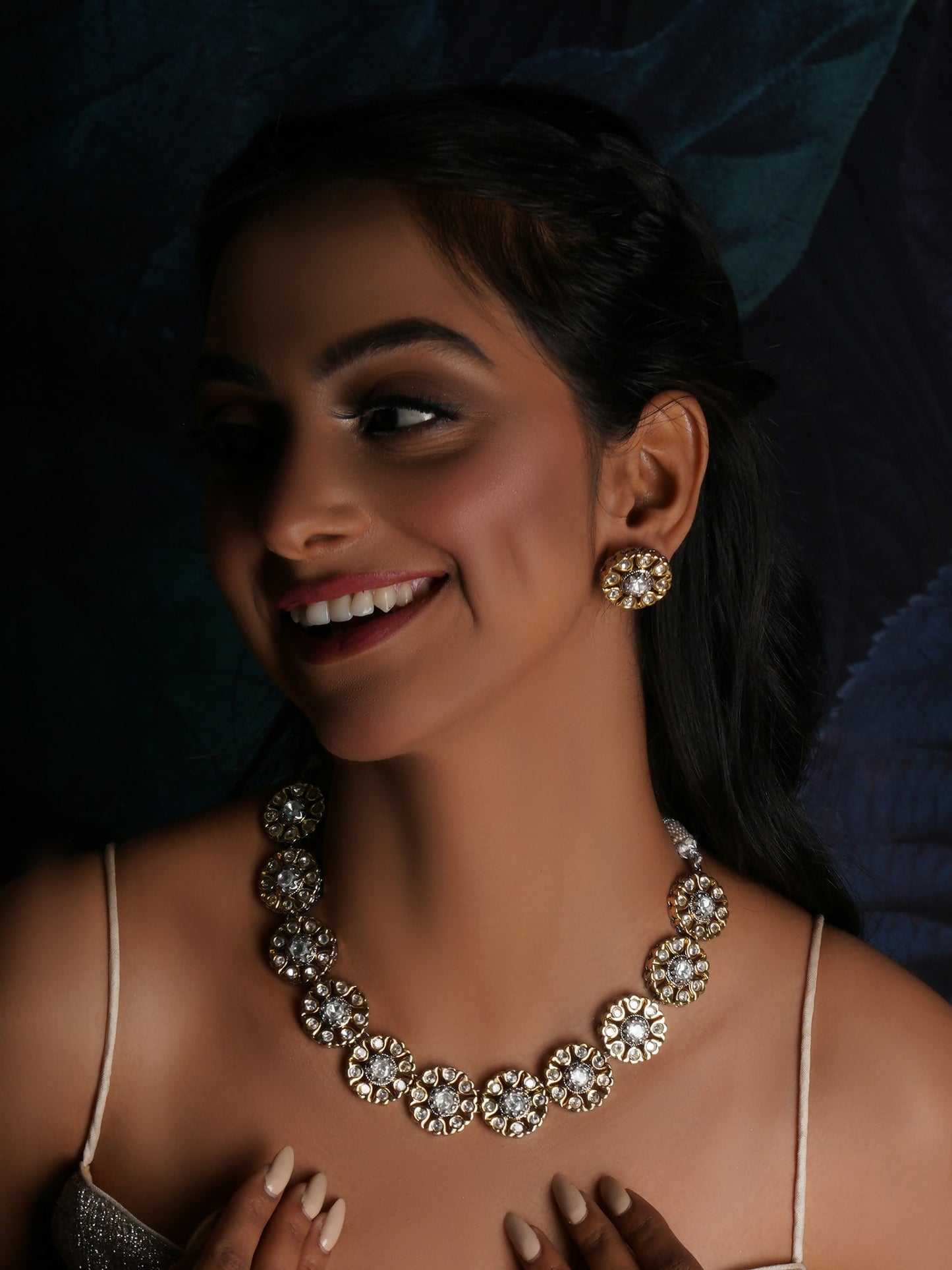 Kundan Choker with Studs Jewellery Set (silver) - Ruby Raang - Ruby Raang Studio
