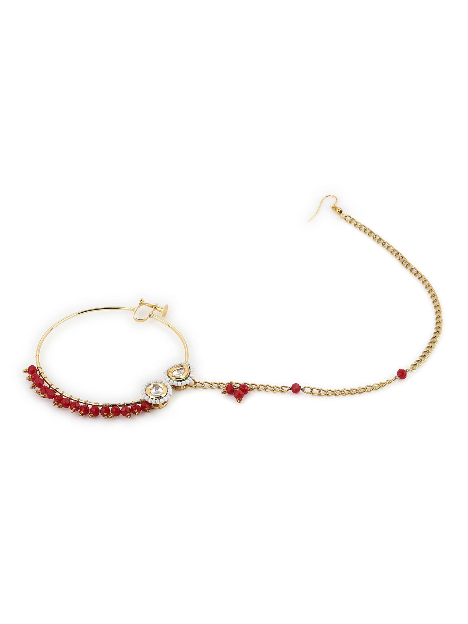 Gold-Polished White Red Kundan-Studded Pearl Beaded Nosepin - Ruby Raang | Swadesiicart