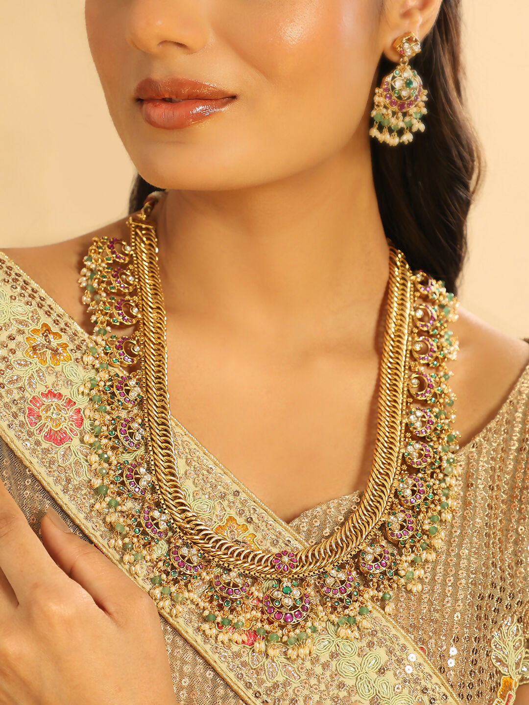 Nuyug 18K Gold Plated Estele Gold Tone Beaded Long Necklace Set | Swadesiicart