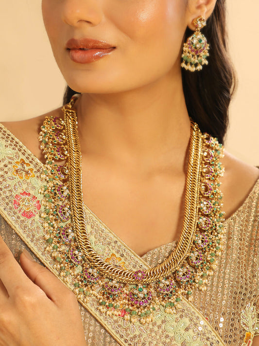 Nuyug 18K Gold Plated Estele Gold Tone Beaded Long Necklace Set | Swadesiicart