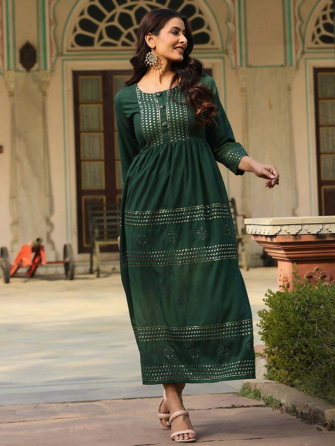 Juniper Women's Green Festive Embroiderd Flared Dress | Swadesiicart