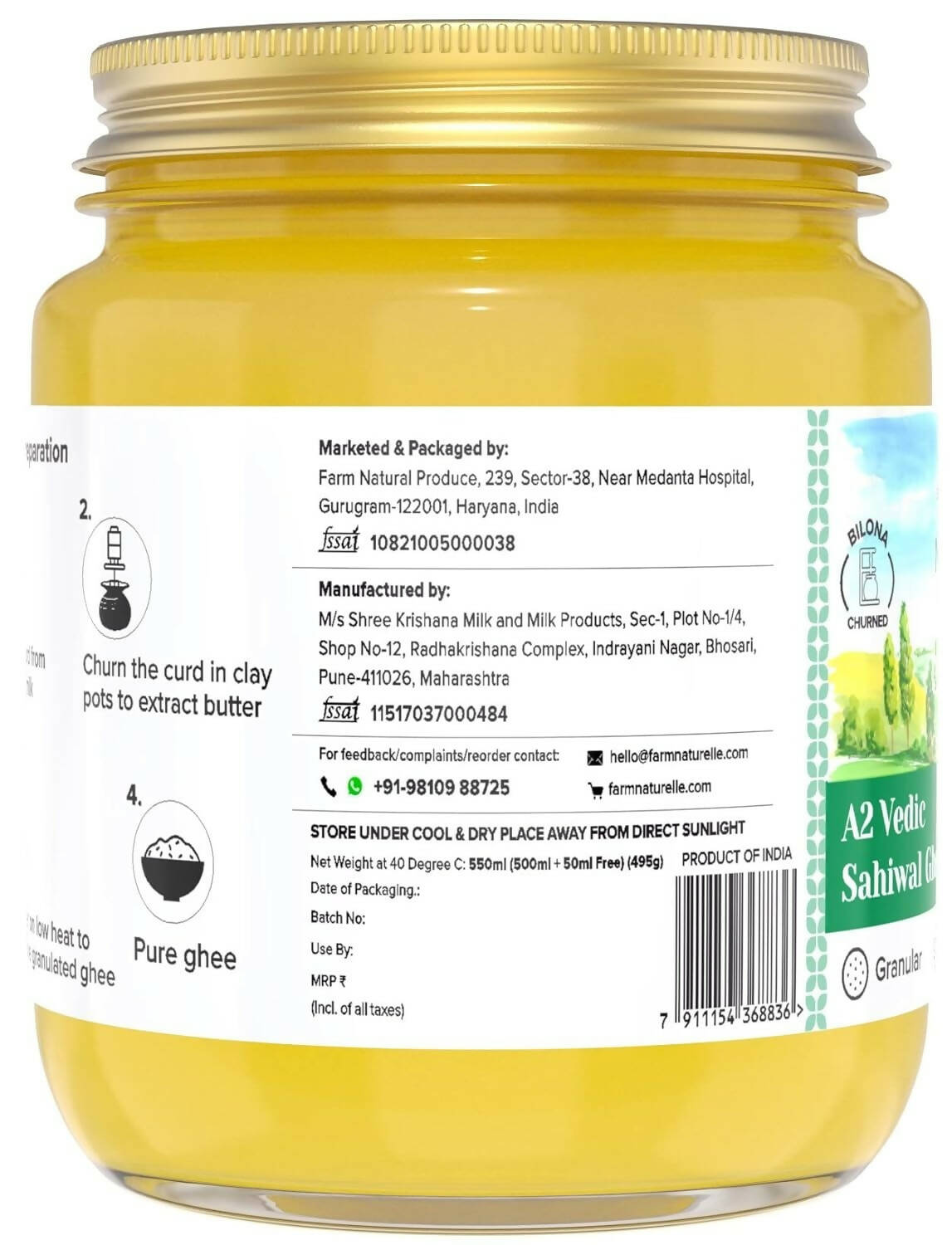 Farm Naturelle A2 Vedic Sahiwal Ghee - Desi Cow Ghee | Natural, Healthy, and Pure | Cultured Cow Ghee - Swadesiicart