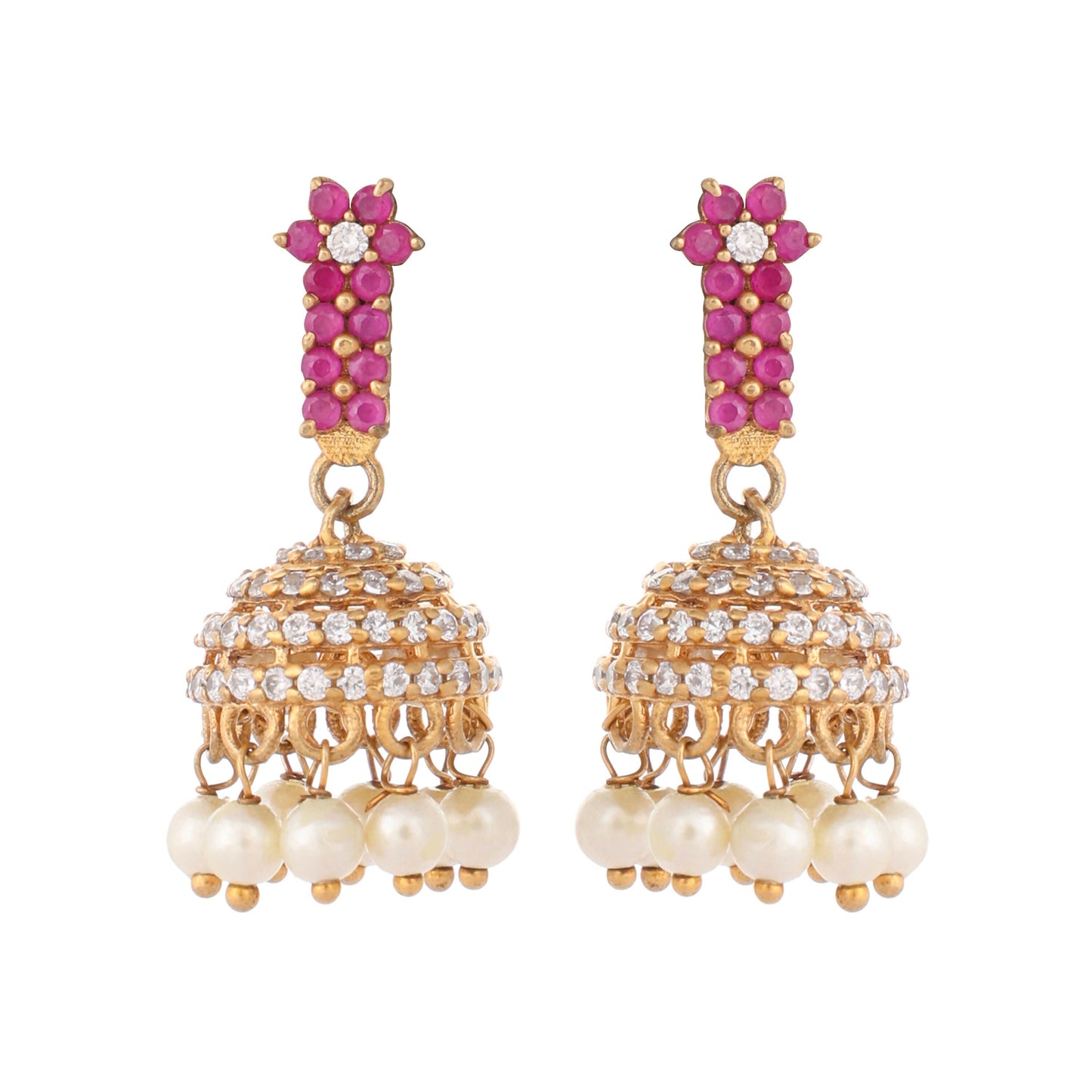 Nuyug 22K Gold Plated Pearl 7 Colored Stone Studded Contemporary Shaped Pink Mini Jhumkas | Swadesiicart