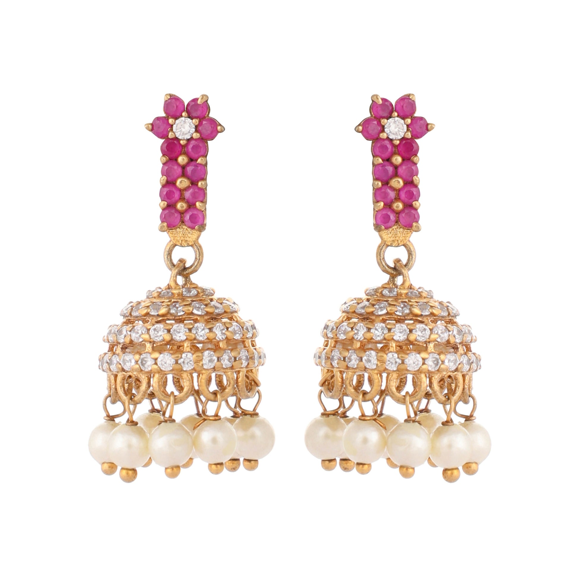 Nuyug 22K Gold Plated Pearl 7 Colored Stone Studded Contemporary Shaped Pink Mini Jhumkas | Swadesiicart