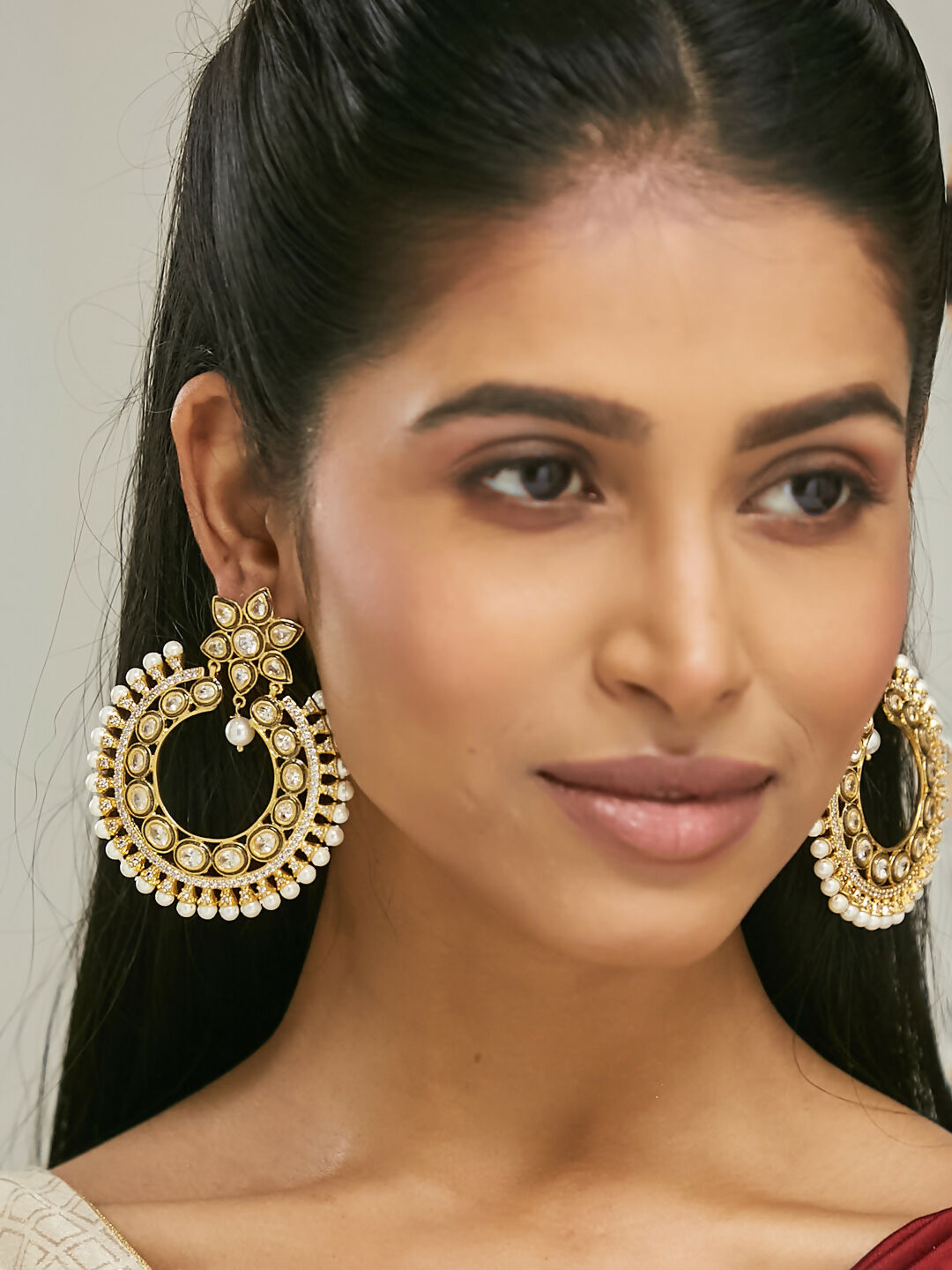 Nuyug 22K Gold-Plated Kundan Studded & Pearl Beaded Floral Chandbali Earrings | Swadesiicart