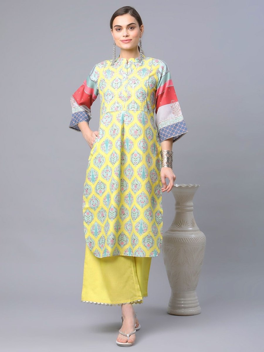 Ahalyaa Women's Yellow Pure Blend Digital Printed Kurta Palazzo Set | Swadesiicart
