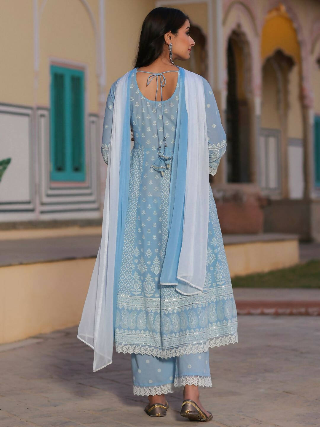 Juniper Women's Powerblue Cambric Floral Printed Anarkali Kurta Sets | Swadesiicart