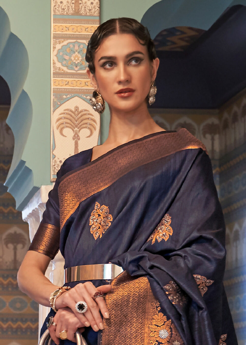 Navy Blue Tussar Banarasi Silk Designer Saree - Emponline | Swadesiicart