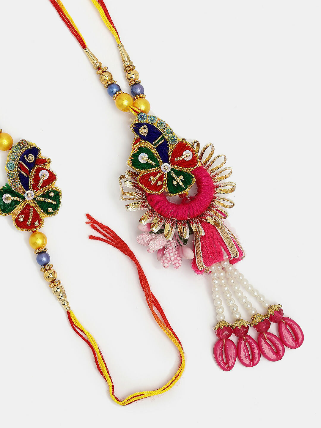 NVR Women & Men Set of 2 Multicolor Thread Work & Beaded Bhaiya Bhabhi Rakhi With Roli Chawal | Swadesiicart