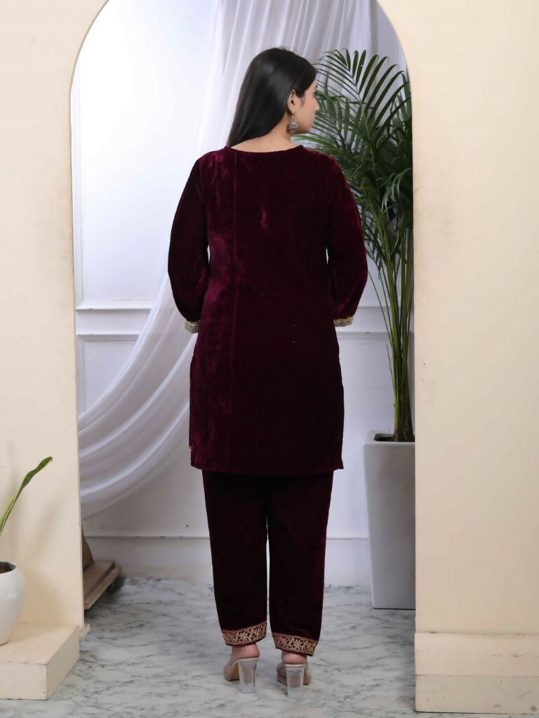 Miravan Women's Wine Embroidered Velvet Co-ord Set - Swadesiicart